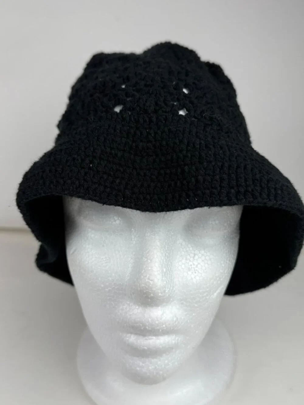 Vintage Black Crocheted Knit Bucket Hat Open Weave Boho Hippie Sun Hat